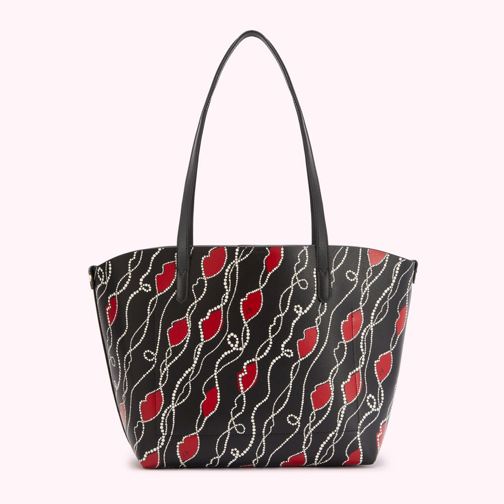 Black Pearly Lip Print Ivy Tote Bag | Designer Handbags