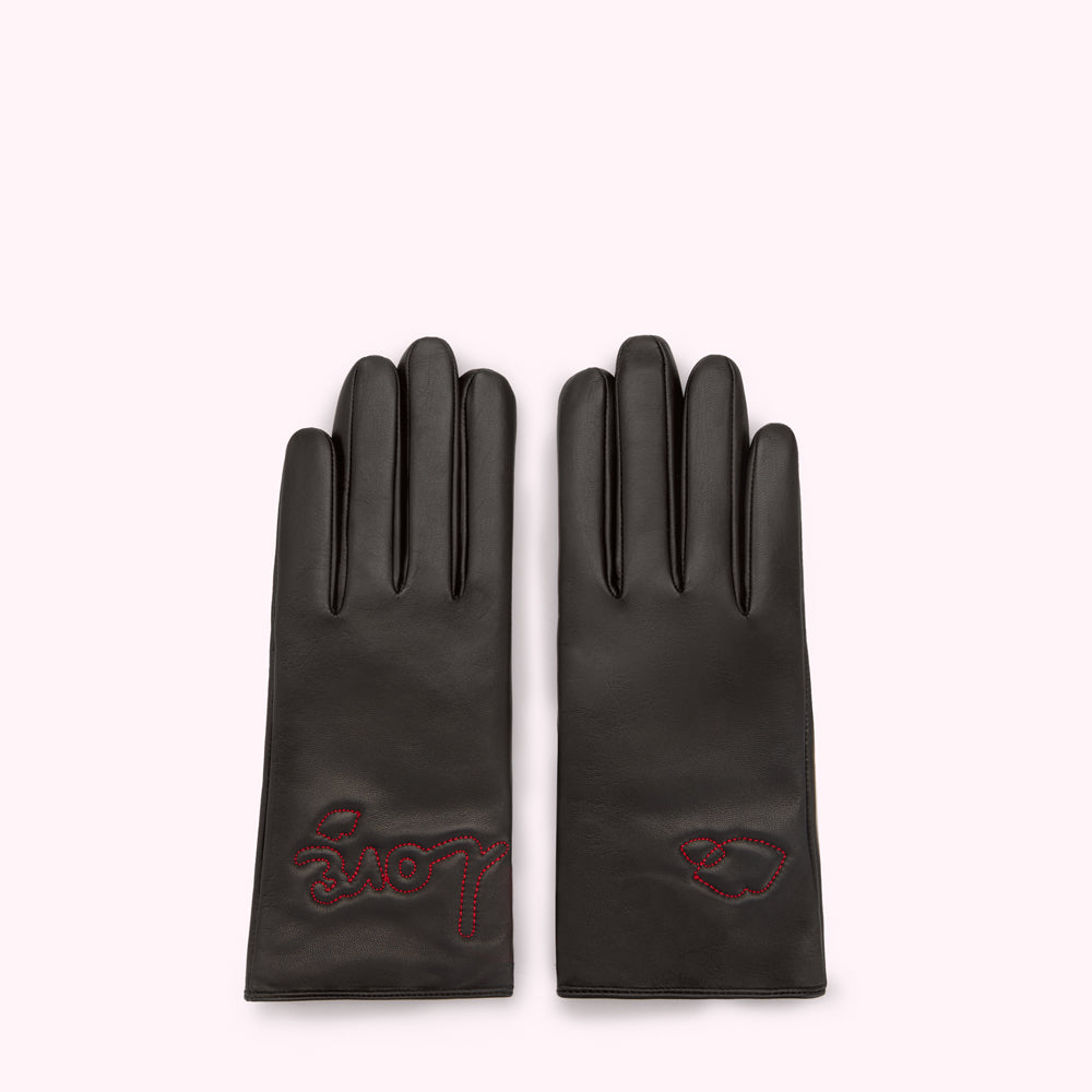 Pair of black leather gloves with red embroidered detailing.
