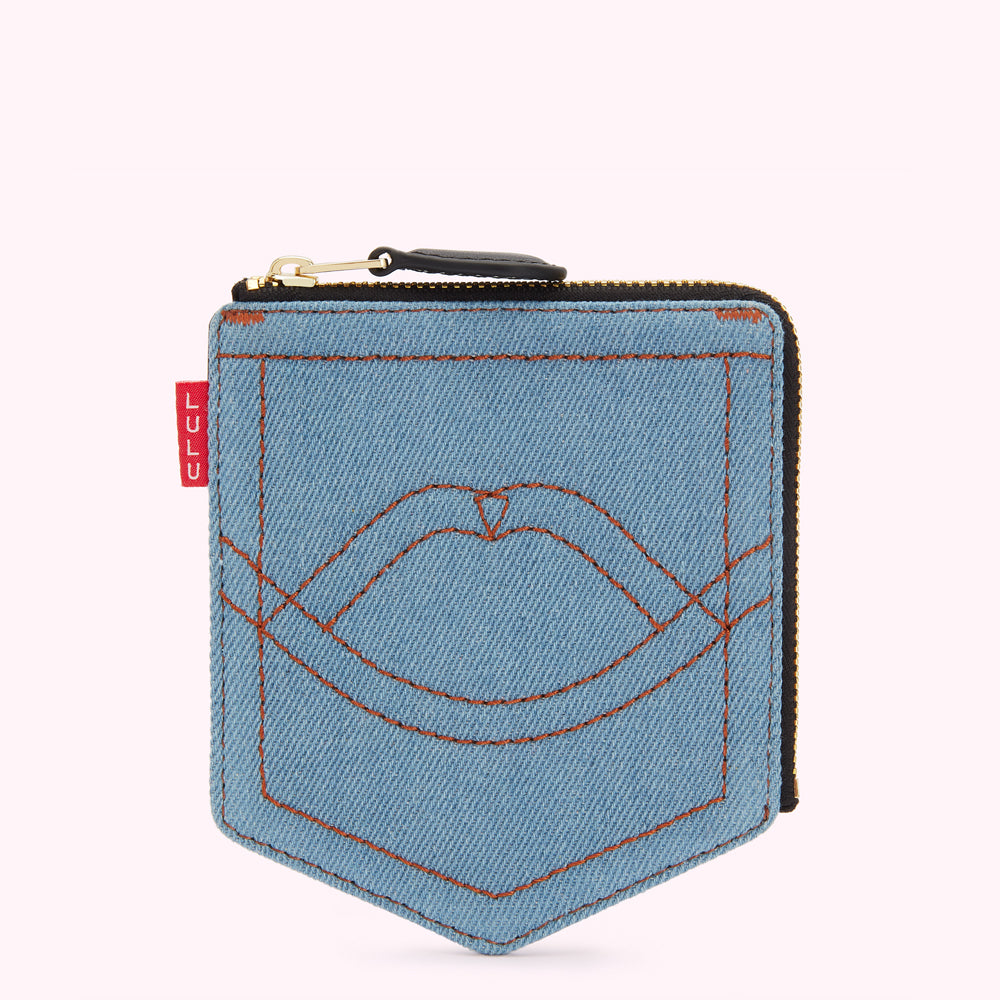 Light blue denim zipper pouch with a stitched pocket design and a red logo.