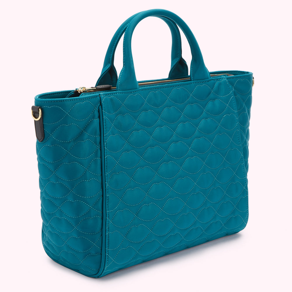 VERDIGRIS GREEN QUILTED LIPS CARLY TOTE BAG