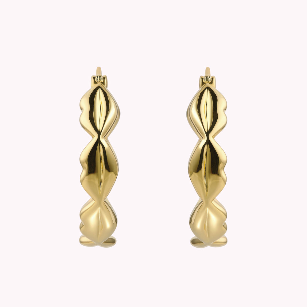 Pair of gold hoop earrings with a textured, heart-shaped design.
