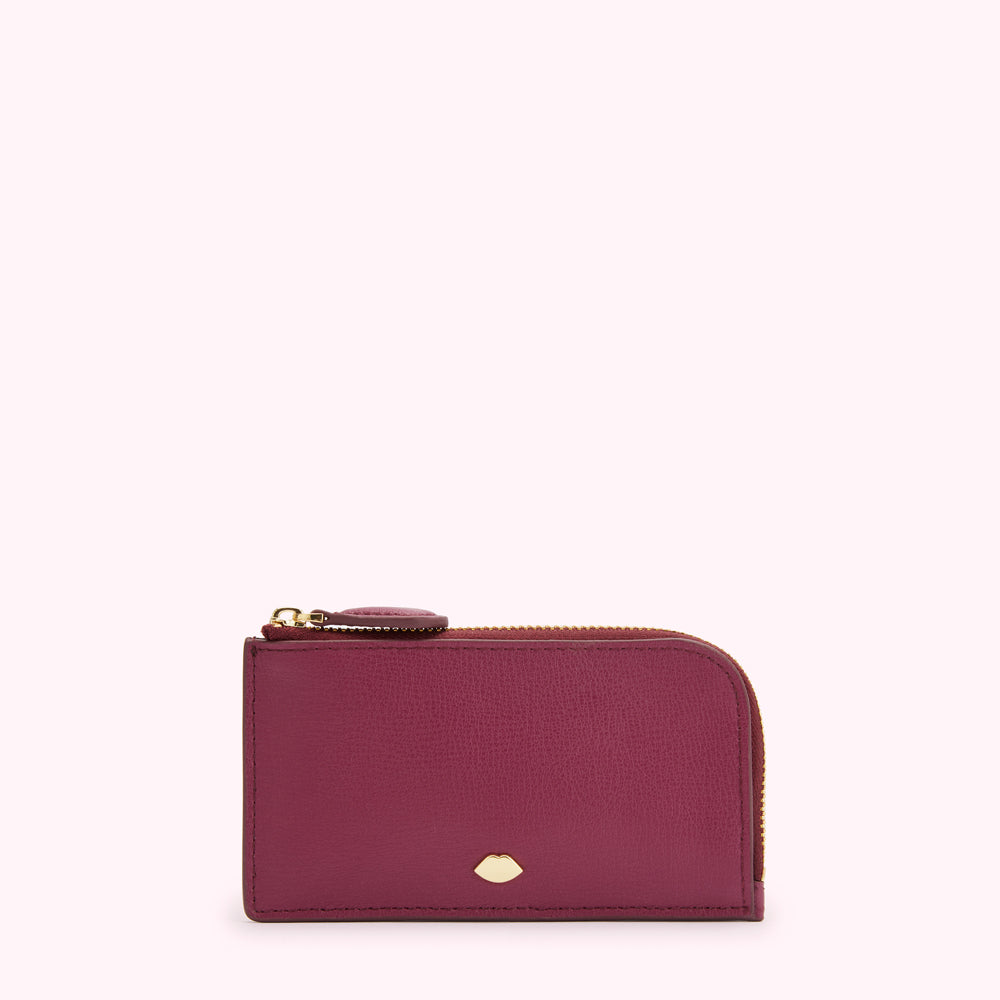 Purple leather zip-around wallet with gold zipper and logo.
