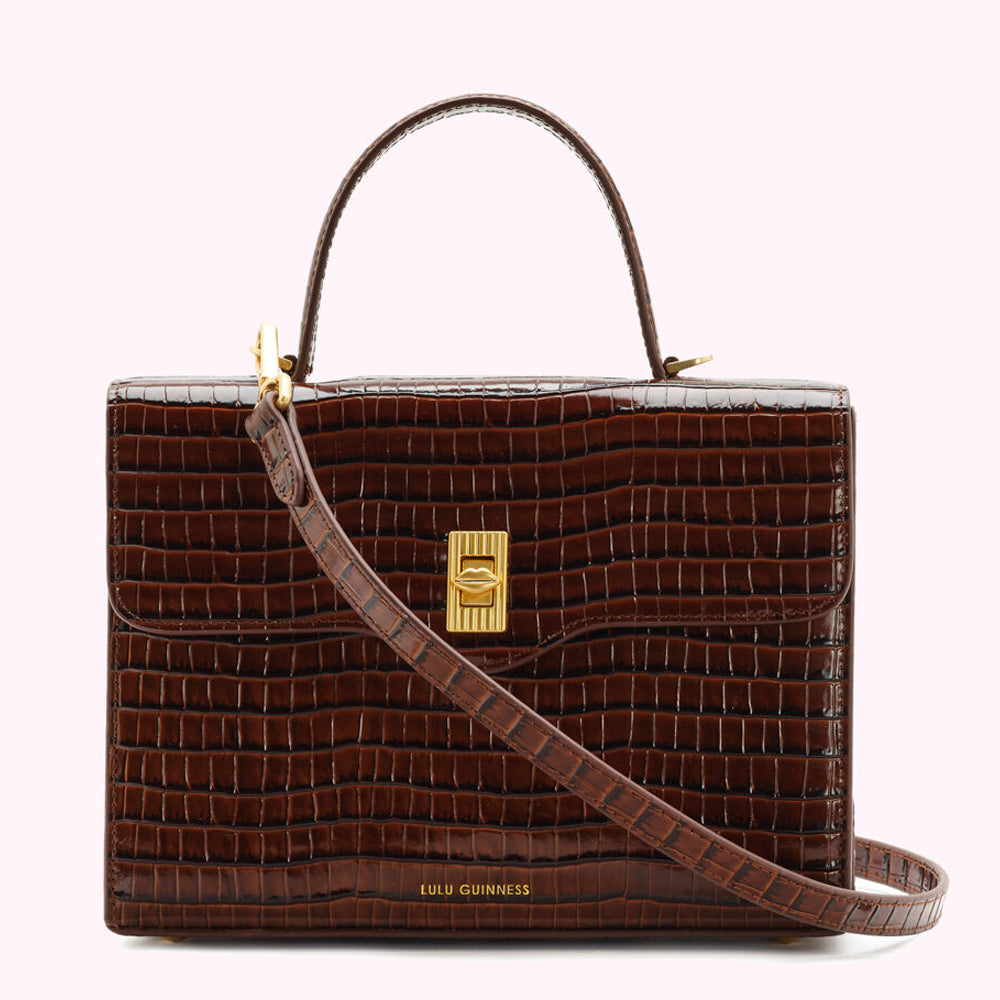 LARGE CHOCOLATE CROC EMBOSSED QUEENIE HANDBAG