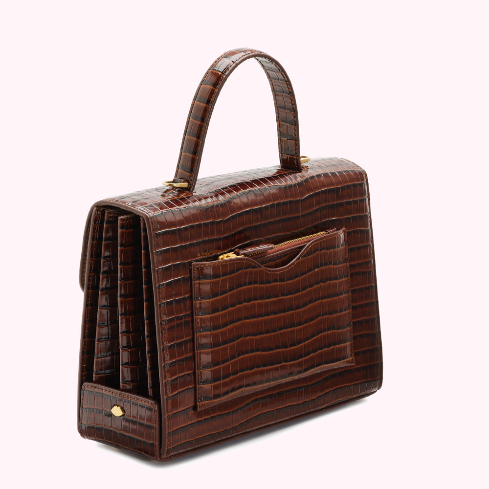 LARGE CHOCOLATE CROC EMBOSSED QUEENIE HANDBAG