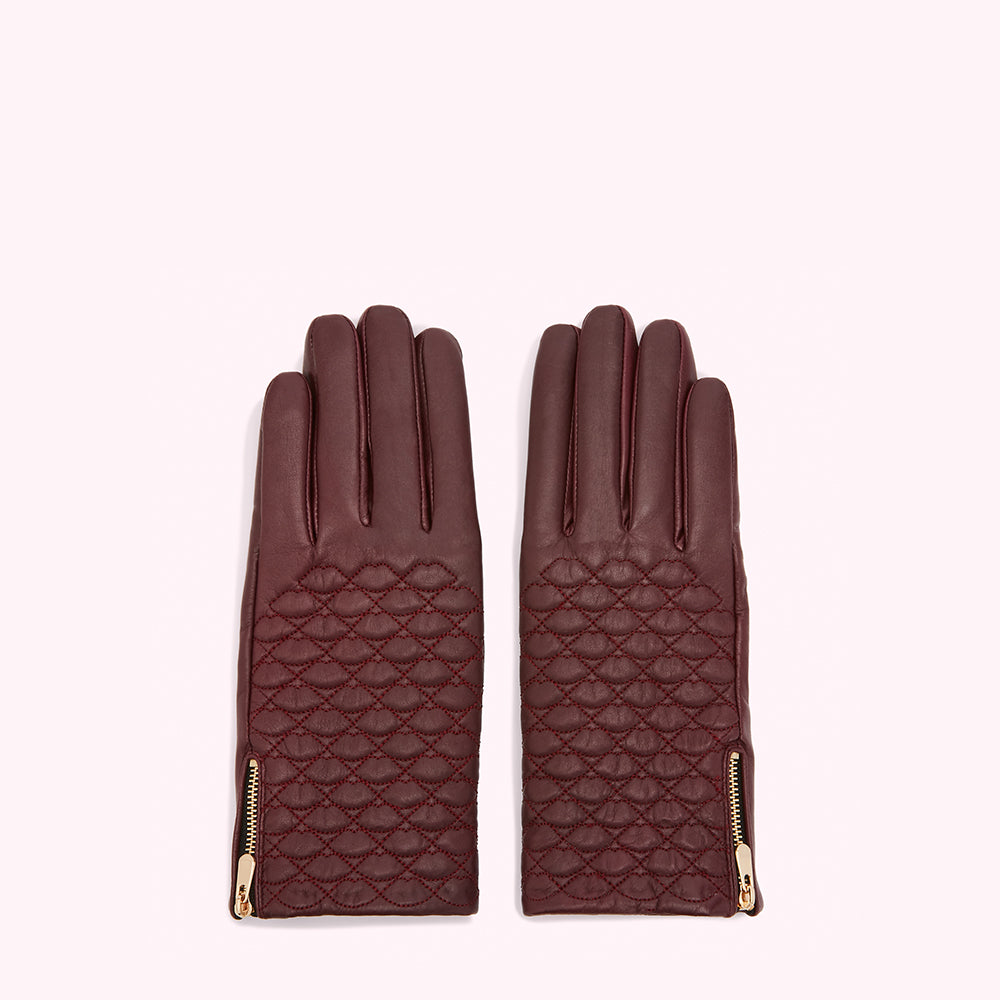 Rosewood Embroidered Lips Leather Gloves | Lulu Guinness